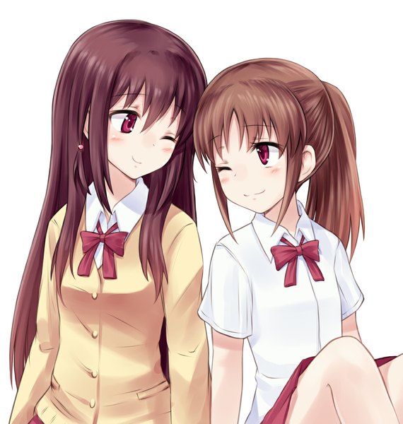 Anime picture 950x1000 with saki takakamo shizuno matsumi kuro suzushiro yukari long hair tall image simple background smile brown hair white background purple eyes multiple girls purple hair ponytail one eye closed wink shoujo ai girl uniform 2 girls