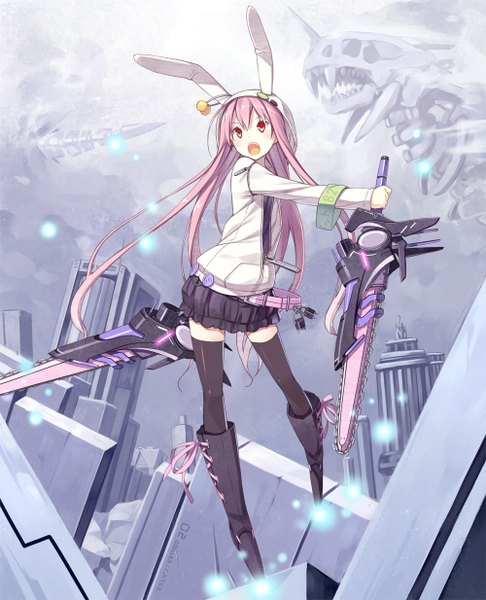 Anime picture 1000x1234 with original poco (asahi age) single long hair tall image blush open mouth red eyes looking away pink hair open clothes open jacket bunny ears destruction screaming girl thighhighs skirt ribbon (ribbons) weapon
