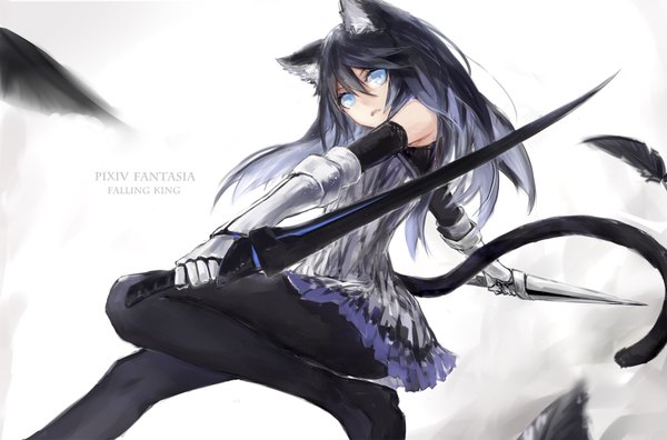 Anime picture 1700x1122 with original pixiv fantasia pixiv fantasia fallen kings +) single long hair looking at viewer fringe open mouth holding animal ears tail animal tail aqua eyes cat ears inscription cat tail dual wielding girl dress