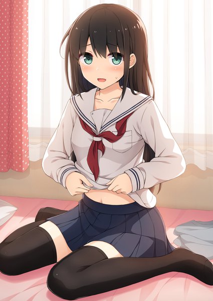 Anime picture 752x1062 with original nakamura sumikage single long hair tall image looking at viewer blush fringe breasts open mouth blue eyes brown hair sitting pleated skirt sunlight shadow sweat embarrassed wariza sweatdrop