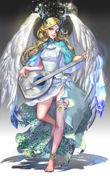 Anime picture 900x1437 with sangrde single long hair tall image blue eyes simple background blonde hair looking away full body lips shadow standing on one leg angel wings angel girl dress wings