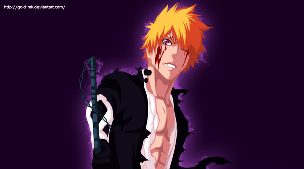 Anime picture 1682x938 with bleach studio pierrot kurosaki ichigo gold-mk single fringe short hair simple background wide image japanese clothes pink eyes hair over one eye orange hair coloring torn clothes muscle purple background boy gloves weapon