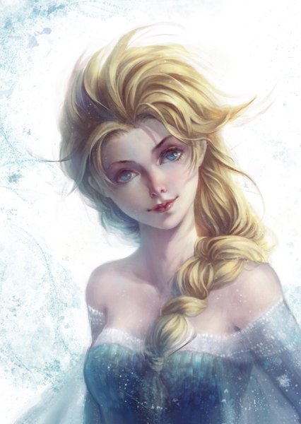 Anime picture 2500x3522 with frozen (disney) disney elsa (frozen) noodles (artist) single long hair tall image looking at viewer highres breasts blue eyes blonde hair smile bare shoulders braid (braids) lips single braid girl