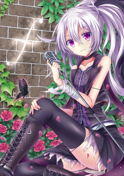 Anime picture 868x1228 with vocaloid flower (vocaloid) tf (tfx2) single long hair tall image looking at viewer fringe light erotic black hair hair between eyes sitting purple eyes bare shoulders holding payot purple hair bent knee (knees) ponytail nail polish