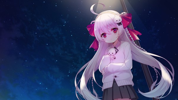 Anime picture 3600x2025 with niliu chahui tokisaki mio single long hair blush fringe highres wide image absurdres silver hair ahoge braid (braids) pleated skirt pink eyes night :o night sky twin braids light girl