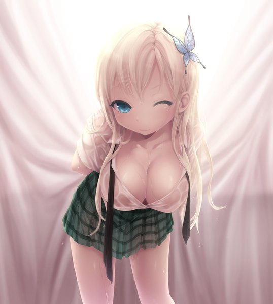 Anime picture 3425x3816 with boku wa tomodachi ga sukunai kashiwazaki sena cait single long hair tall image looking at viewer blush fringe highres breasts blue eyes light erotic blonde hair large breasts absurdres cleavage one eye closed wink open clothes