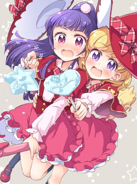 Anime picture 781x1050 with precure mahou girls precure! toei animation asahina mirai izayoi riko tokunou shoutarou long hair tall image blush fringe short hair open mouth blonde hair purple eyes multiple girls purple hair ponytail blunt bangs pink eyes grey background