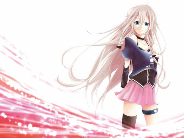 Anime picture 2400x1800 with vocaloid ia (vocaloid) karu (666) single long hair looking at viewer highres blue eyes blonde hair smile bare shoulders braid (braids) light smile twin braids girl thighhighs skirt black thighhighs detached sleeves miniskirt