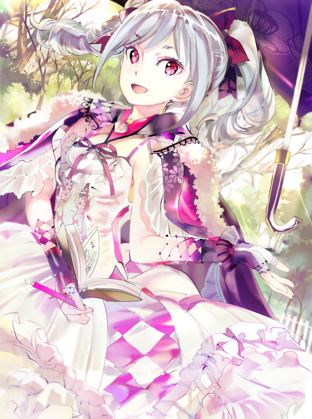 Anime picture 745x1000 with idolmaster idolmaster cinderella girls kanzaki ranko 119 single long hair tall image open mouth twintails silver hair pink eyes dutch angle drill hair pale skin rhombus girl dress gloves plant (plants) tree (trees)