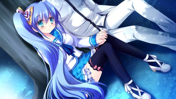 Anime picture 1280x720 with hyper highspeed genius hhg megami no shuuen nishikujou ayahime long hair blush blue eyes smile wide image blue hair game cg ponytail couple side ponytail girl thighhighs boy uniform bow black thighhighs hair bow