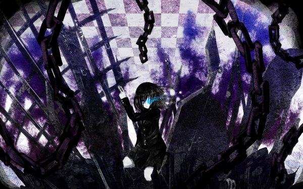 Anime picture 2000x1250 with black rock shooter black matagi single looking at viewer highres short hair blue eyes black hair wide image glowing glowing eye (eyes) girl chain