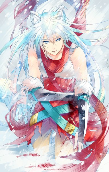 Anime picture 738x1156 with original kaze-hime single long hair tall image looking at viewer fringe blue eyes hair between eyes bare shoulders animal ears white hair tail animal tail multicolored hair wind aqua hair two-tone hair fur trim fox ears