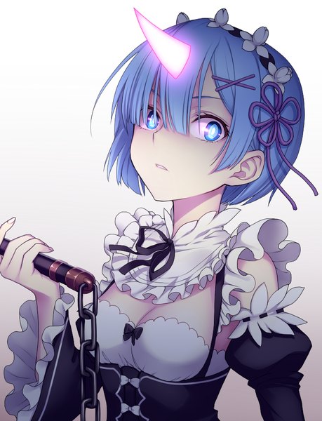 Anime picture 766x1000 with re:zero kara hajimeru isekai seikatsu white fox rem (re:zero) chimachi single tall image looking at viewer fringe short hair breasts blue eyes holding blue hair cleavage upper body blunt bangs long sleeves parted lips horn (horns) hair over one eye