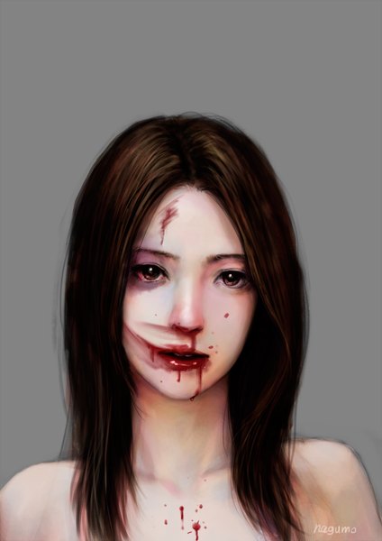 Anime picture 1024x1448 with original nagumo (qmzp10) single long hair tall image looking at viewer simple background brown hair bare shoulders brown eyes signed lips realistic grey background portrait injury bruise girl blood scratch