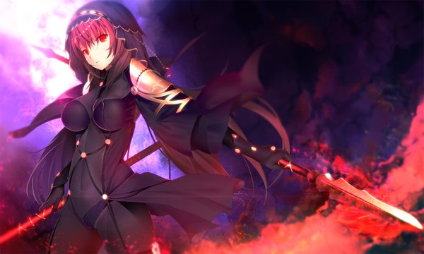 Anime picture 2000x1200 with fate (series) fate/grand order scathach (fate) (all) scathach (fate) machimura komori single long hair looking at viewer highres breasts light erotic red eyes wide image purple hair dark background girl weapon spear