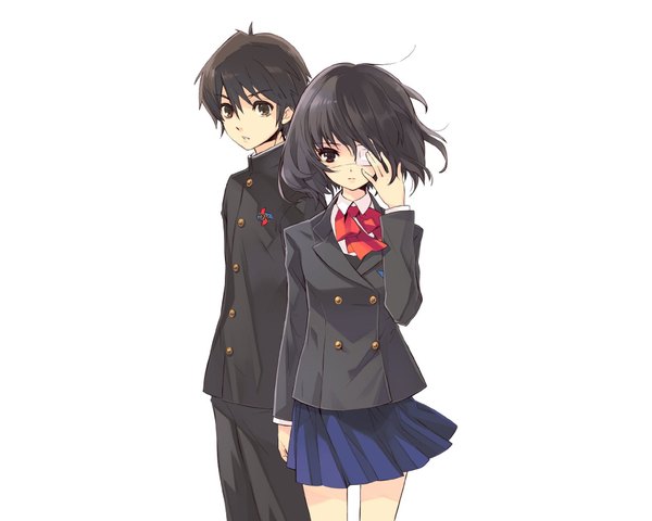 Anime picture 1920x1536 with another p.a. works misaki mei sakakibara kouichi highres short hair black hair red eyes white background brown eyes girl boy skirt uniform school uniform eyepatch