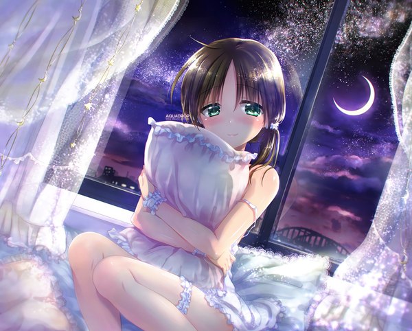 Anime picture 1752x1410 with original mikami mika single long hair tall image looking at viewer blush fringe highres black hair smile hair between eyes brown hair sitting twintails bare shoulders green eyes signed payot sky