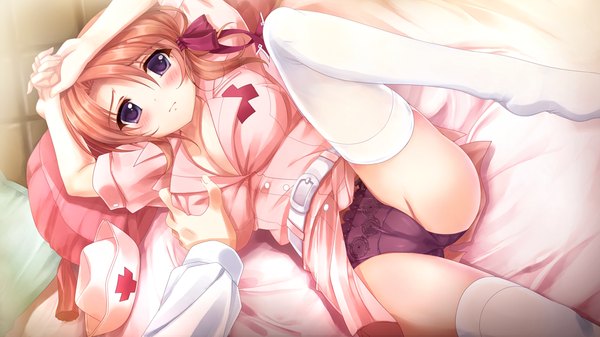 Anime picture 1025x576 with futagoza no paradox blush short hair breasts light erotic brown hair wide image large breasts purple eyes game cg legs nurse girl thighhighs underwear panties ribbon (ribbons) hair ribbon white thighhighs nurse cap