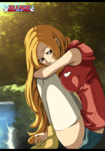 Anime picture 746x1071 with bleach studio pierrot inoue orihime akira-12 single long hair tall image brown eyes orange hair inscription coloring girl thighhighs plant (plants) white thighhighs tree (trees) water shorts