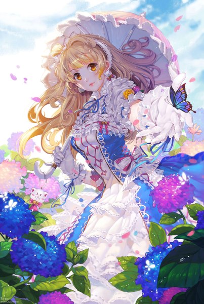 Anime picture 2150x3200 with love live! school idol project sunrise (studio) love live! minami kotori pudding (pixiv id10192393) single long hair tall image looking at viewer blush highres blonde hair orange eyes one side up girl dress gloves flower (flowers) petals frills
