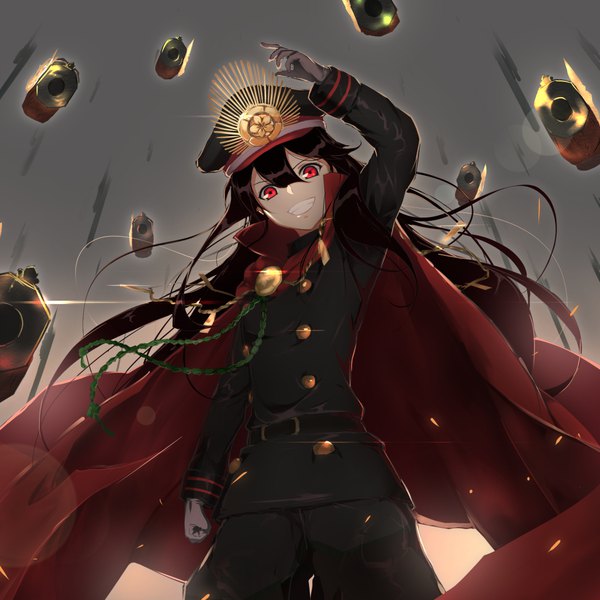 Anime picture 1062x1062 with fate (series) fate/grand order koha-ace oda nobunaga (fate) (all) oda nobunaga (fate) reluvy single long hair looking at viewer fringe open mouth black hair simple background smile hair between eyes red eyes standing holding upper body long sleeves