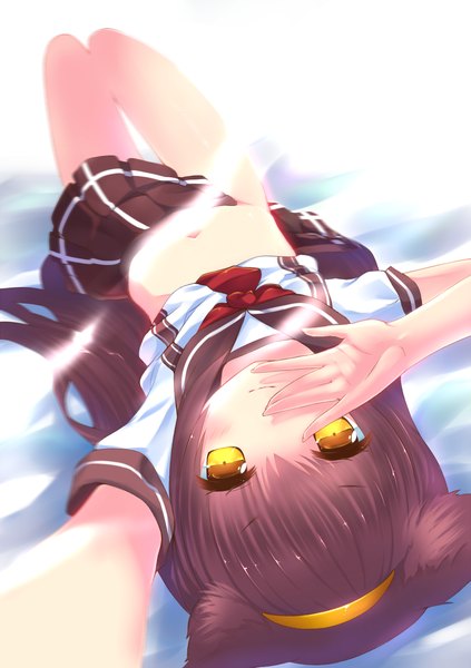 Anime picture 847x1200 with original dexp single long hair tall image looking at viewer blush fringe light erotic smile brown hair animal ears yellow eyes bent knee (knees) lying pleated skirt sunlight cat ears bare legs bare belly