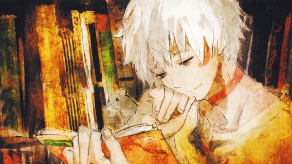 Anime picture 1280x720 with no.6 studio bones shion (no.6) humi (artist) fringe short hair blonde hair smile red eyes wide image sitting holding white hair fingernails light smile scar eyebrows reading boy animal