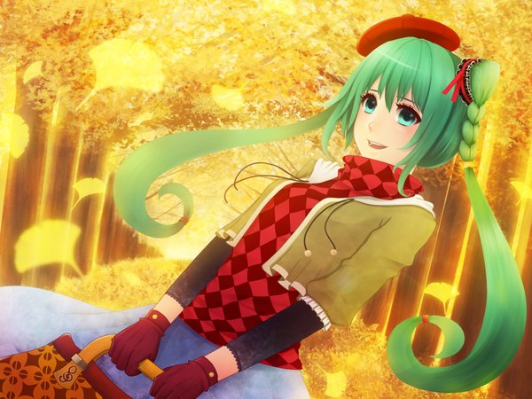 Anime picture 1600x1200 with vocaloid hatsune miku bounin single long hair open mouth smile twintails aqua eyes green hair girl gloves plant (plants) hat tree (trees) leaf (leaves) bag ginkgo