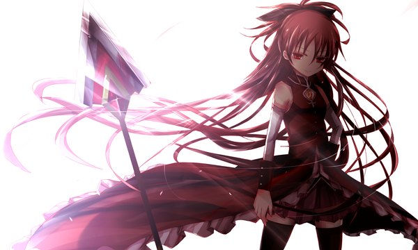 Anime picture 2500x1500 with mahou shoujo madoka magica shaft (studio) sakura kyouko kiriya black single long hair looking at viewer highres simple background red eyes wide image white background red hair girl thighhighs bow weapon black thighhighs hair bow detached sleeves