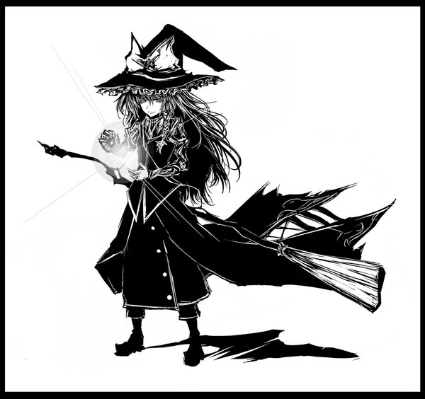 Anime picture 1275x1200 with touhou kirisame marisa acryl (artist) single long hair simple background white background light smile magic monochrome witch girl boots frills witch hat coat hat ribbon broom mini-hakkero