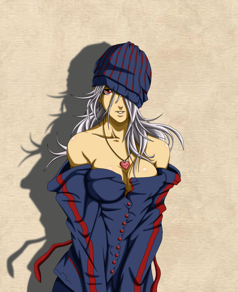 Anime picture 1000x1224 with original flowerinhell single long hair tall image breasts light erotic simple background blonde hair red eyes bare shoulders silver hair shadow grin girl jacket belt headdress heart cap