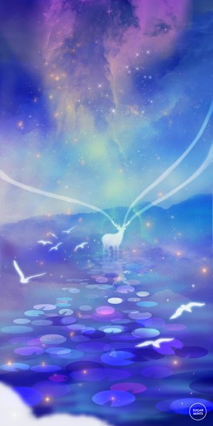 Anime picture 500x1000 with original sugarmints tall image signed no people silhouette aurora borealis plant (plants) animal water bird (birds) star (stars) deer