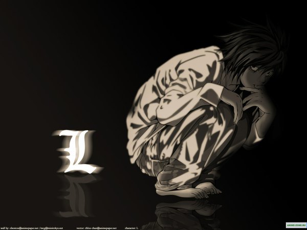 Anime picture 1600x1200 with death note madhouse l (death note) single short hair black hair barefoot black background monochrome squat boy