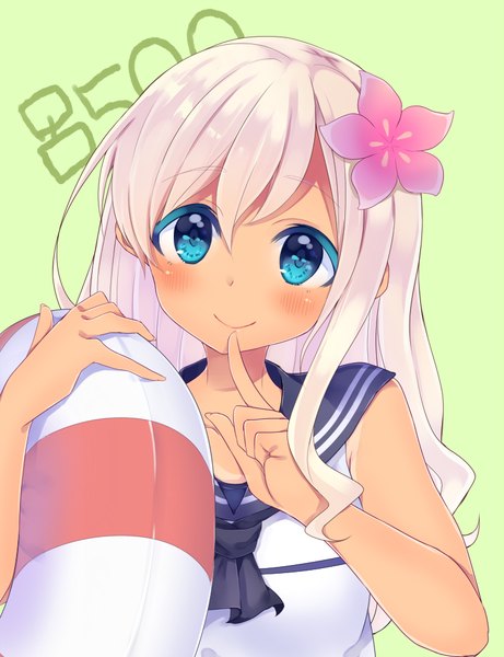 Anime picture 769x1000 with kantai collection ro-500 submarine momoirone single long hair tall image looking at viewer blush blue eyes simple background smile white hair hair flower character names finger to mouth green background girl hair ornament flower (flowers) sailor suit