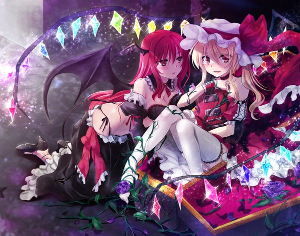 Anime picture 1500x1183 with touhou flandre scarlet koakuma mikami mika long hair looking at viewer short hair open mouth light erotic blonde hair smile red eyes sitting bare shoulders multiple girls ponytail kneeling side ponytail black wings head wings