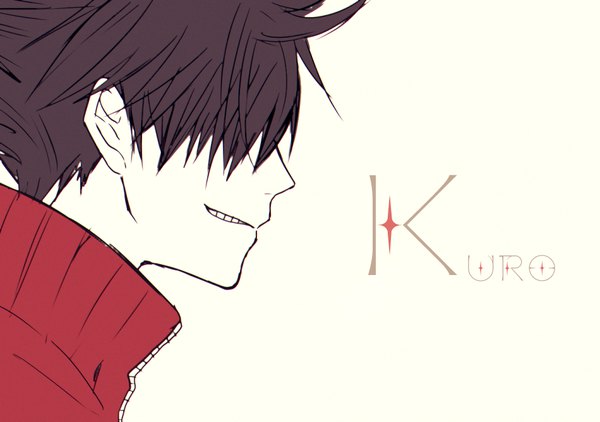 Anime picture 950x669 with haikyuu!! production i.g kuroo tetsurou tsubaki single fringe short hair black hair simple background smile white background profile hair over one eye character names boy