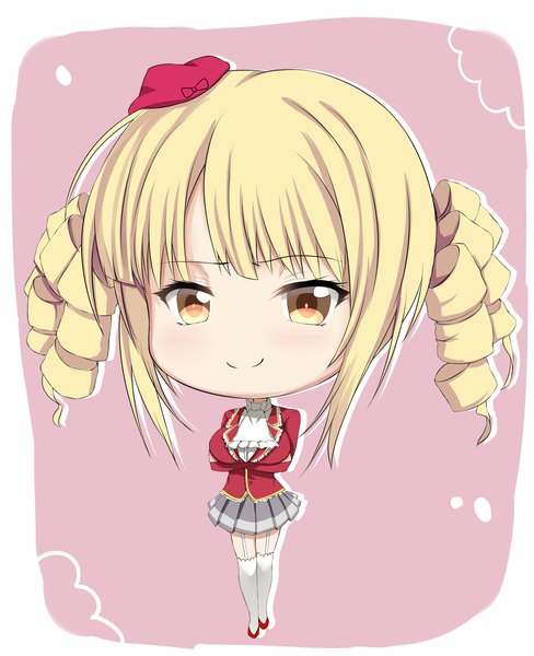 Anime picture 1225x1505 with noucome reikadou ayame hews long hair tall image blush blonde hair smile yellow eyes drill hair chibi girl thighhighs skirt uniform school uniform white thighhighs