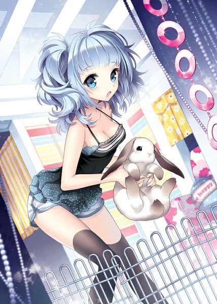 Anime picture 642x900 with original nardack single tall image looking at viewer short hair open mouth blue eyes blue hair girl thighhighs black thighhighs animal shorts bunny