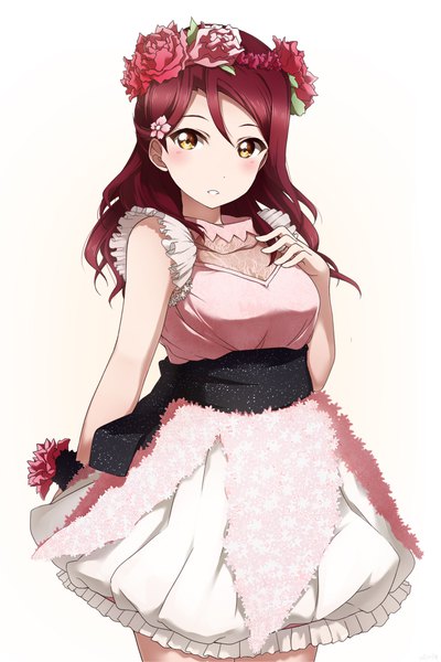 Anime picture 1440x2160 with love live! sunshine!! sunrise (studio) love live! sakurauchi riko shiimai single long hair tall image looking at viewer blush fringe simple background hair between eyes white background yellow eyes red hair hand on chest girl dress wreath