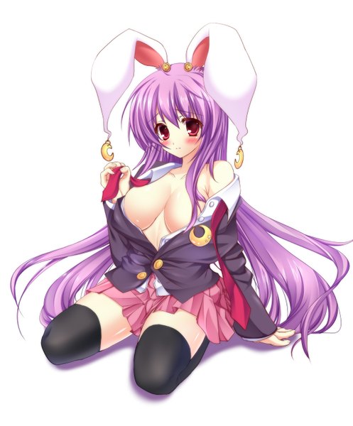 Anime picture 1147x1385 with touhou reisen udongein inaba noumin (artist) long hair tall image blush breasts light erotic simple background red eyes white background purple hair bunny ears bunny girl girl thighhighs skirt black thighhighs miniskirt