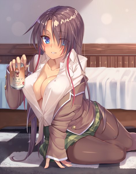 Anime picture 786x1000 with original taletale single long hair tall image looking at viewer blush breasts blue eyes light erotic brown hair girl skirt uniform school uniform shirt