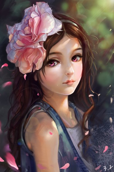 Anime picture 1000x1500 with original cj man single long hair tall image looking at viewer brown hair bare shoulders pink eyes hair flower lips girl hair ornament flower (flowers) petals vest