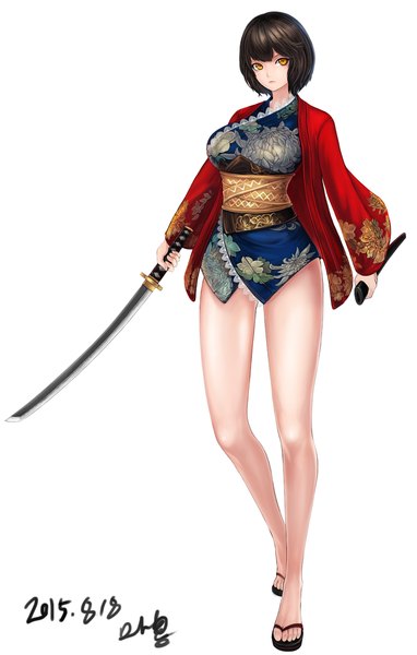 Anime picture 670x1052 with blade & soul original mappung-gun (mhg0106) single tall image looking at viewer short hair black hair simple background white background yellow eyes traditional clothes japanese clothes girl weapon sword kimono katana