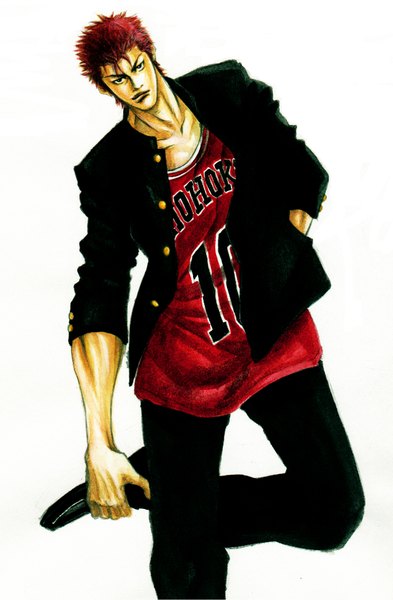 Anime picture 1269x1935 with slam dunk (series) sakuragi hanamichi orui04 (artist) single tall image looking at viewer short hair simple background white background red hair black eyes hand in pocket twisty sleeves boy uniform school uniform