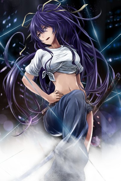 Anime picture 800x1200 with to aru majutsu no index j.c. staff kanzaki kaori oota takeshi single long hair tall image fringe open mouth standing purple eyes looking away purple hair bent knee (knees) ponytail bare belly hand on hip city cityscape city lights