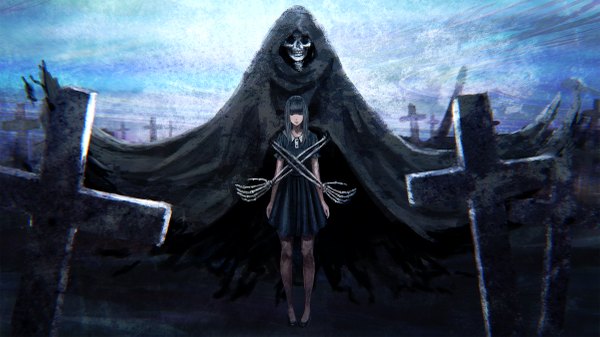 Anime picture 2400x1350 with original death (entity) menka single long hair fringe highres black hair wide image standing hug expressionless hug from behind skeleton girl dress black dress hood short dress cross