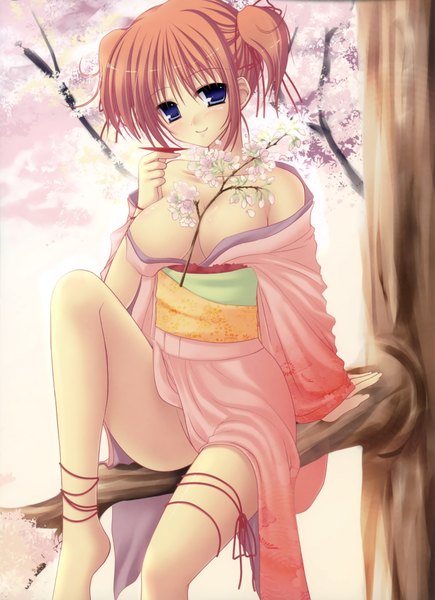 Anime picture 2915x4016 with hazumi rio tall image highres breasts light erotic purple eyes twintails pink hair japanese clothes cherry blossoms short twintails girl plant (plants) tree (trees) kimono alcohol sake sakazuki