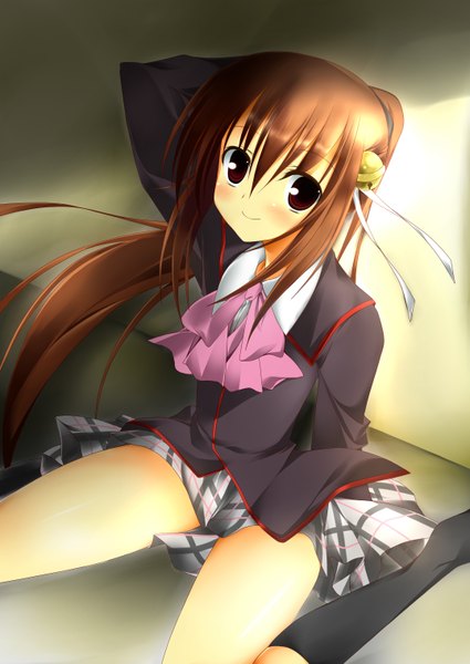 Anime picture 2149x3035 with little busters! key (studio) natsume rin nanahosi seiiki (artist) single long hair tall image blush highres smile red eyes brown hair sitting ponytail girl uniform hair ornament bow ribbon (ribbons) school uniform
