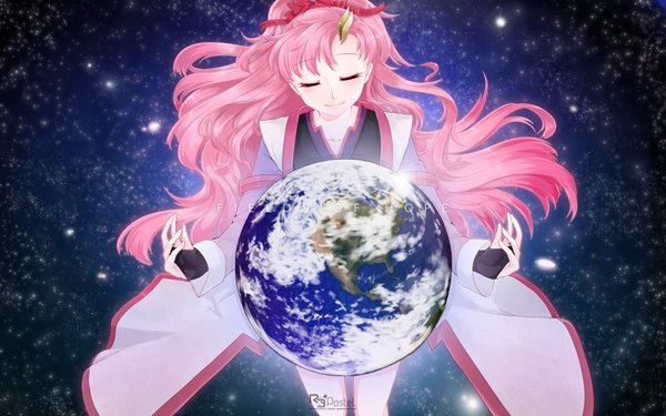Anime picture 1920x1200 with mobile suit gundam gundam seed sunrise (studio) lacus clyne monicanc single long hair blush highres smile pink hair ponytail eyes closed wallpaper spread arms space girl hair ornament hairclip planet
