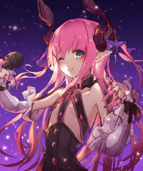 Anime picture 2500x3000 with fate (series) fate/extra fate/extra ccc elizabeth bathory (fate) (all) elizabeth bathory (fate) godoju single long hair tall image looking at viewer fringe highres light erotic green eyes pink hair upper body one eye closed horn (horns) pointy ears wink